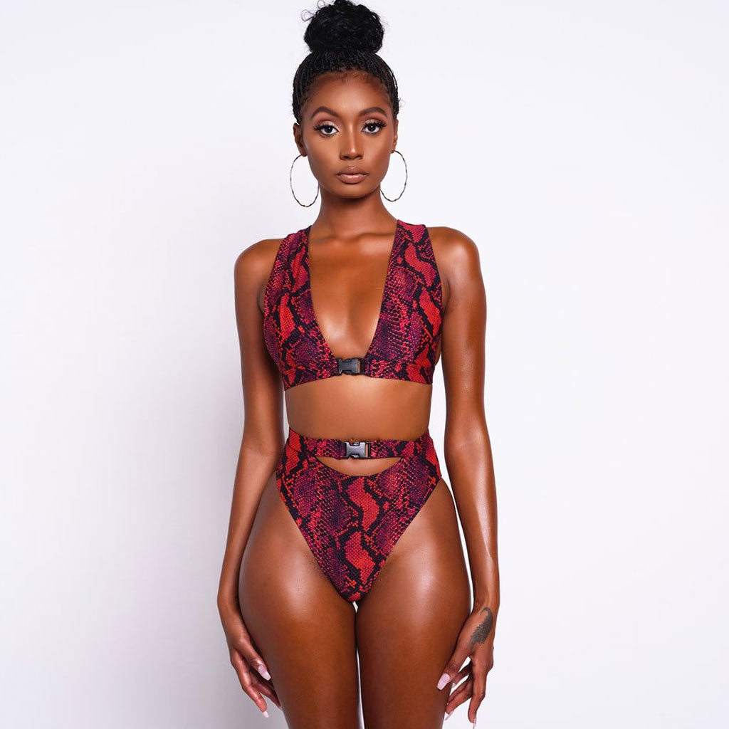 Wild Snake Printed High Waist High Cut Triangle Thong Bikini Set - Red