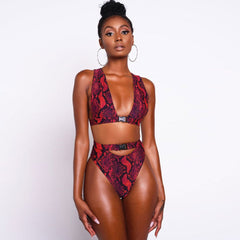 Wild Snake Printed High Waist High Cut Triangle Thong Bikini Set - Red