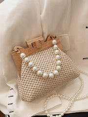 Pearl Decor Twist Lock Straw Bag